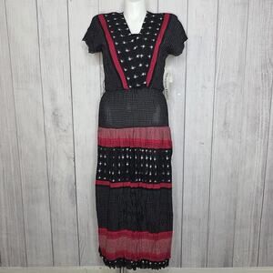 Vintage 80s Prairie Dress Black Red Rayon Tiered Midi Boho Cottagecore, sz 8